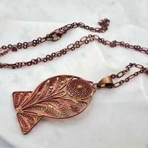 Copper filigree fish necklace Roost brand boho rustic artisan fishing